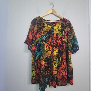 Roamans Womens 20W Short Sleeve Button Front Floral Top Blouse